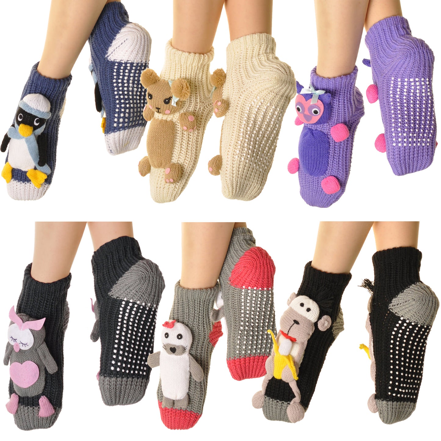 Angelina Snuggly Knit Slip-Resistant 3D Monster Slipper Socks (6 or 12 Pairs), #WF1990