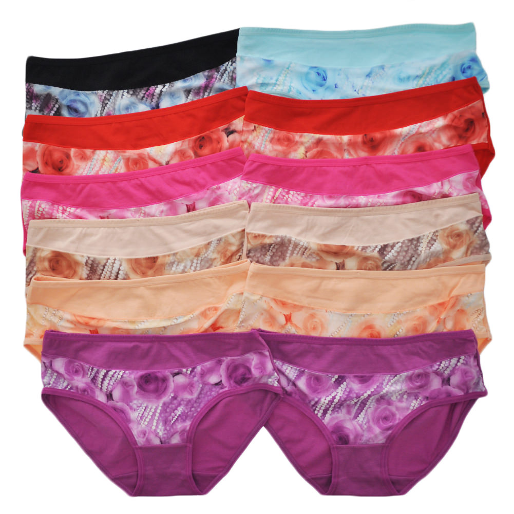 Angelina Cotton Various Floral Print Color Trimmed Hiphuggers (12-Pack), #G3023
