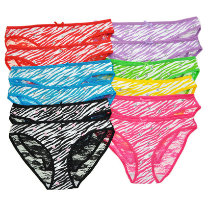 Angelina Cotton Zebra Print All-Lace Back Bikini Panties (12-Pack), #G1256