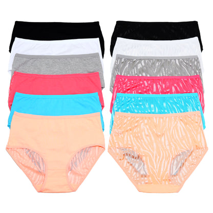 Angelina Cotton Mid-Rise Brief Panties with Zebra Mesh Back (12-Pack), #G6516
