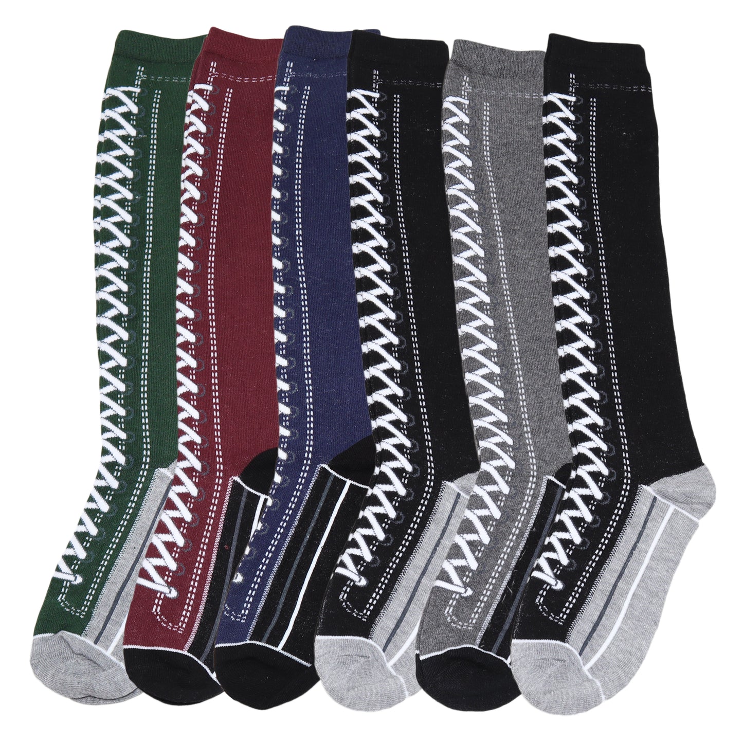 Angelina Cotton Knee-High Socks with Lace Up Boots Design (6 or 12 Pack), #2538