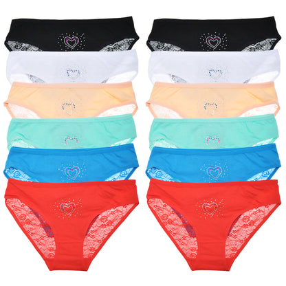Cotton Hiphugger Panties with Rhinestone Heart Accent Detail (12-Pack), #G6397