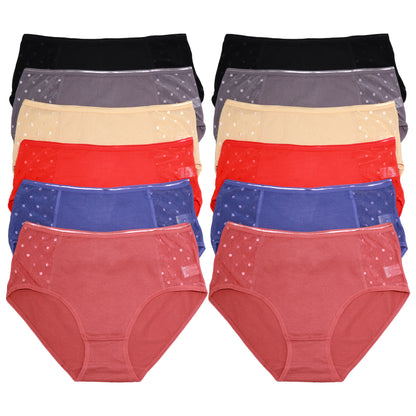 Angelina Mid Rise Brief Panties with Sheer Polka Dot Panels (12-Pack), #G693