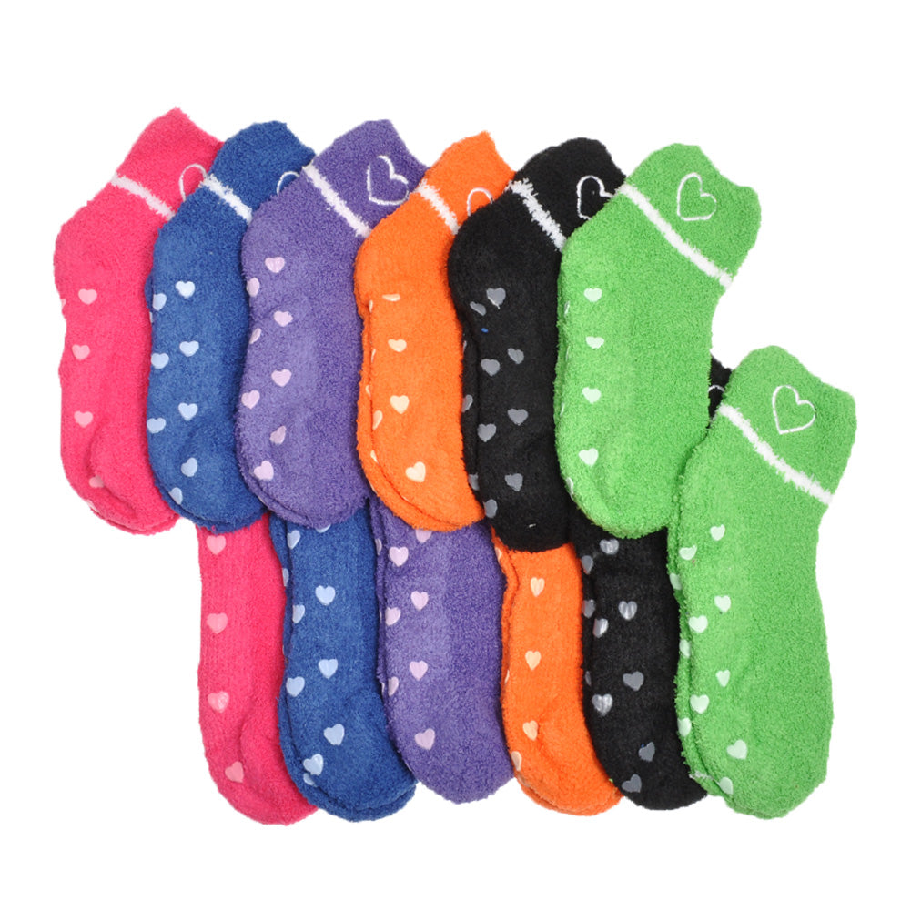 Cozy Fuzzy Socks with Heart Shaped Silicone Gripper Dots (12-Pairs), #WF1128