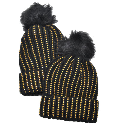 Angelina Pom-Pom Knit Beanies with Rhinestone Accent Design (2-Pack), #WH0075