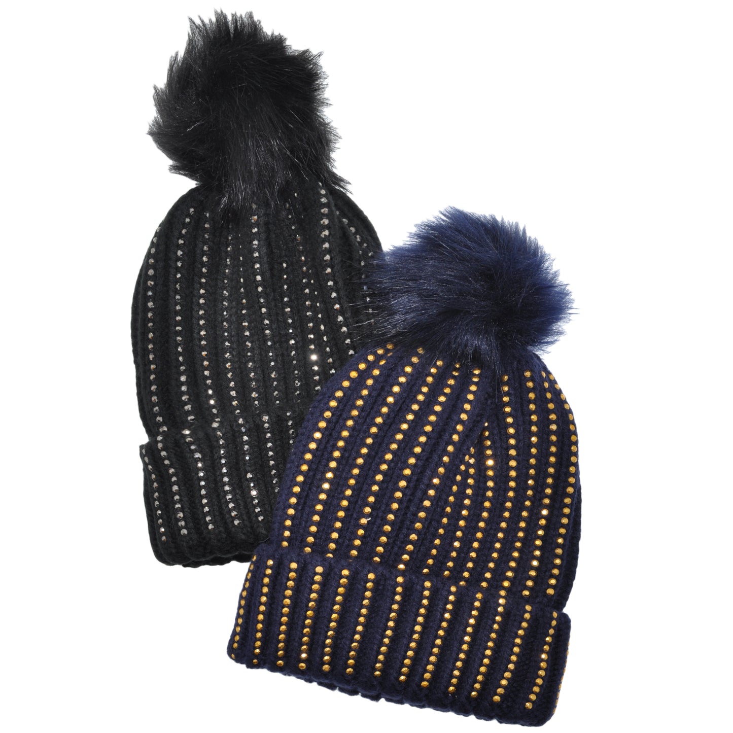 Angelina Pom-Pom Knit Beanies with Rhinestone Accent Design (2-Pack), #WH0075