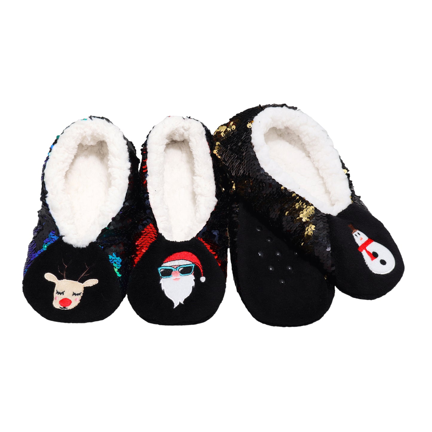 Angelina Winter-Weight Sherpa-Lined Reversible Sequin Slipper Socks (3-Pairs), #WF1918