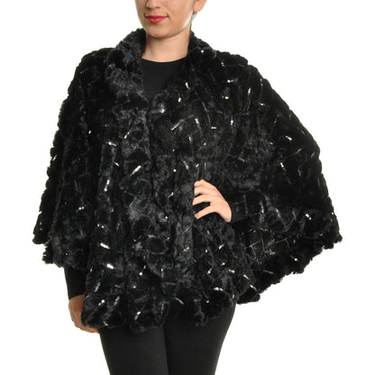 Angelina Oversized Faux Fur Poncho, Chevron Sequins, Round (1-Pack), #WN09