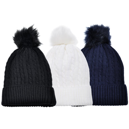 Angelina Pom-Pom Cable Knit Beanies (3-Pack), #WH0072