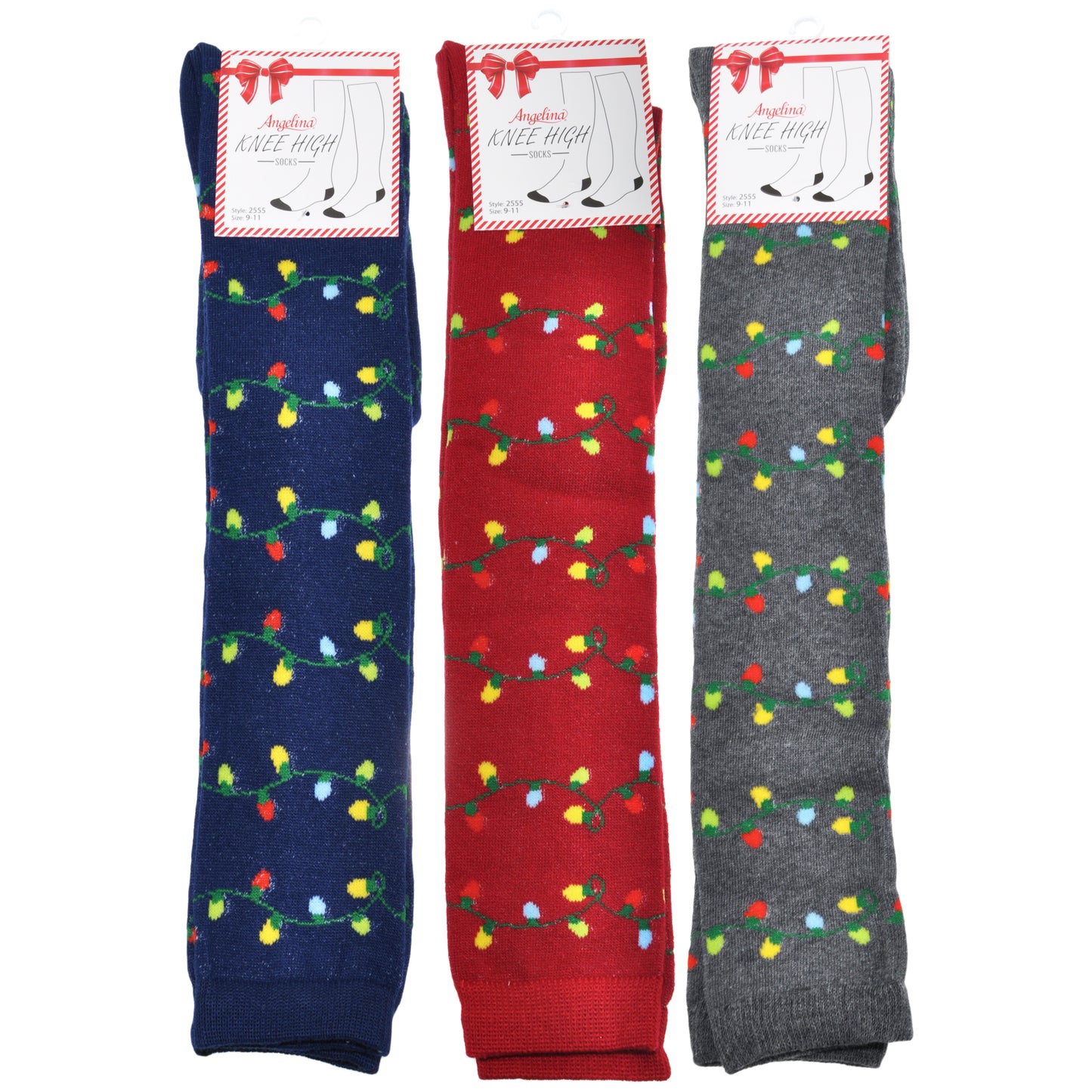 Angelina Novelty Holiday Lights Crew or Knee-High Socks (3-Pairs), #2555