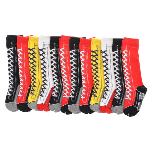 Angelina Kid's Cotton Knee-High Socks with Lace Up Boots Design (6 Dozen), #2538